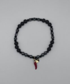 Bracciale con Pietre da 6mm in Lava, Ematite e Ossidiana con Corno Rosso