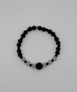 Bracciale con Pietre da 6mm in Lava, Ossidiana e Quarzo Rosa con Perla Centrale in Lava da 10mm