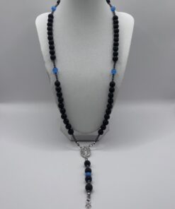 Rosario in Pietra Lavica da 8mm, Ossidiana, Ematite, Metallo e Agata Blu