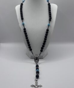 Rosario in Pietra Lavica da 8mm, Ossidiana, Ematite, Metallo e Pasta di Turchese