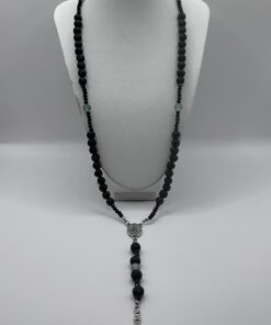 Rosario in Pietra Lavica da 8mm, Ossidiana, Ematite, Metallo e Agata Verde
